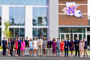 Members of NSU’s 2026 Homecoming Honor Court are, from left, K.C. Thompson, Maggie Martinez, Jakobie McCormick, Hannah Kennedy, Kieler Soape, Ardyn Jardell, Joshua Peek, Madison Book, Homecoming Queen Reese Kennedy, Homecoming King Nickolas Robinson, Peyshance Peek, Parker Stroope, Lauryn Vernon (Miss NSU), Alex Laurent, Alexa Metternich, Daniel Gallagher, Camilia Adger, Logan Sneed, Ellie Hardy and Owen Stutzman (Mr. NSU).