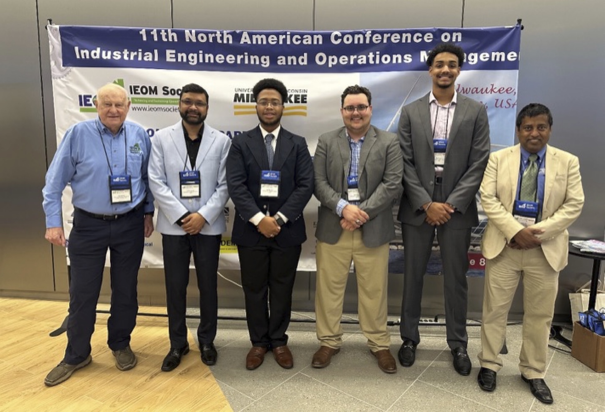 Students from the Department of Engineering Technology at Northwestern State University won in three categories at the 11th North American International Conference on Industrial Engineering and Operations Management (IEOM) in Milwaukee, Wisconsin. They were congratulated by Don Reimer, chief operating officer of the IEOM Society. Among those representing NSU were from left, Dr. Shahriar Hossain, head of NSU’s Department of Engineering Technology, and recent NSU graduates Sterling Player, Brett Brady and Brad Powell. They are with Dr. Ahad Ali, chief executive officer of the IEOM Society.