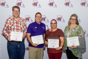 A new initiative by NSU’s Faculty Senate is the Outstanding Faculty Awards. From left are the inaugural recipients, Dr. Shane Rasmussen, Outstanding Faculty Service Award; Dr. Thomas Reynolds, Outstanding Faculty Spotlight Award; Dr. Davina McClain, Outstanding Faculty Teaching Award, and Dr. Terrie Sanders, Outstanding Faculty Advising Award. Northwestern State University faculty gathered for the annual Faculty Institute, a highlight of on-call week prior to the start of the fall semester. The event gave NSU President James Genovese an opportunity to address faculty from all campuses, highlight accomplishments and provide updates on ongoing projects. 