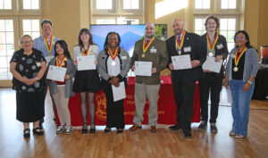 Northwestern State University’s Eta Mu Chapter of Phi Beta Delta, the honor society for international scholars, inducted students and faculty as new members on April 19. From left are Chapter President Dr. Beth Prejean with inductees Dr. Christopher Lyles, Irene Gomez, Natailia Beardsley, Dexteria King, Timothy Bratt, Craig Caskey, Anthony Franklin and Punan Khadka. Not shown is Lisa Doney. 