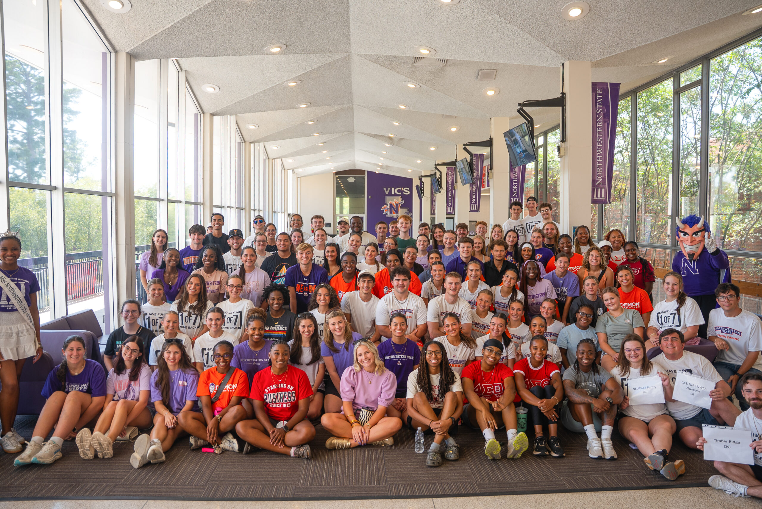 Northwestern State University students gather in the Student Union before departing for service projects throughout the Natchitoches community as part of the 1 of 7 initiative.