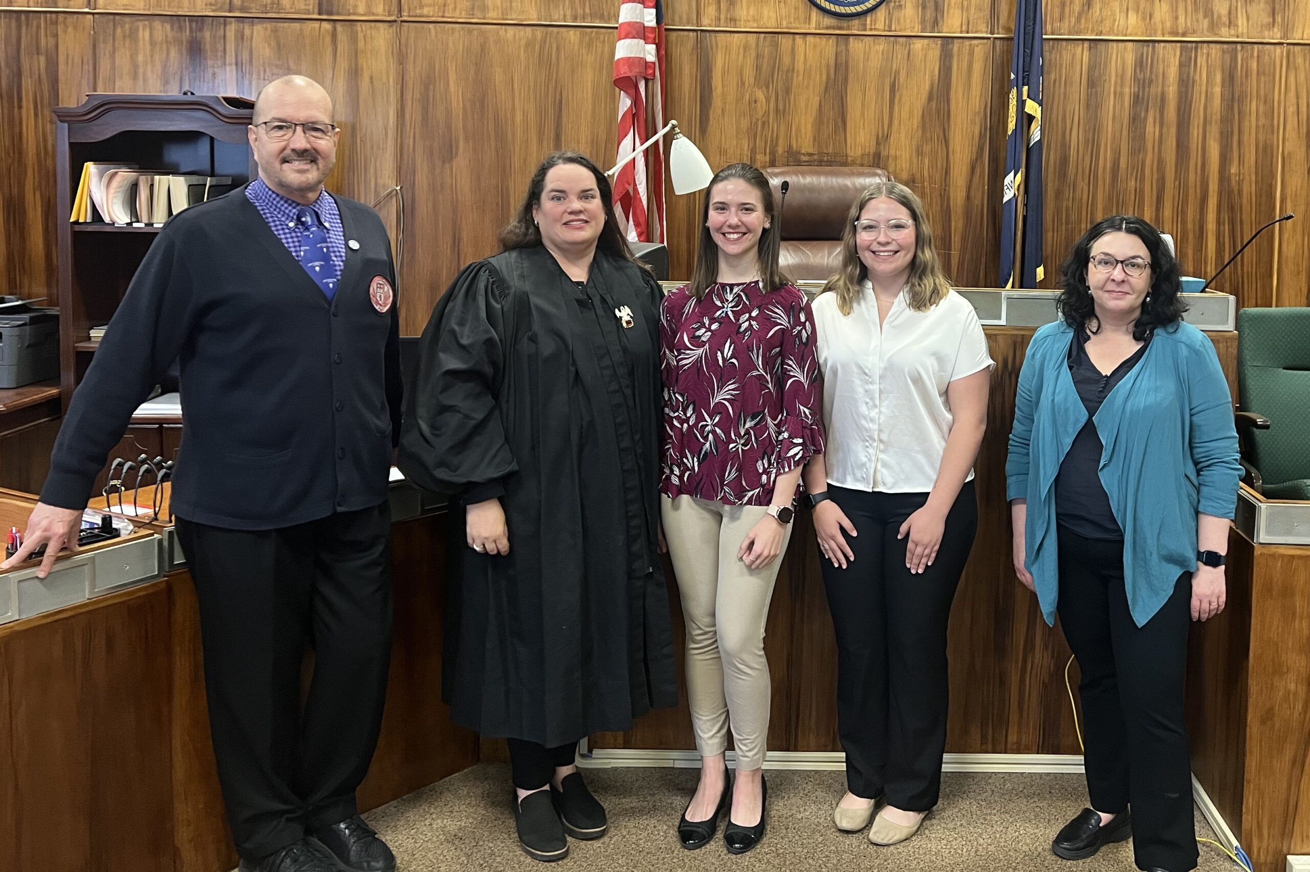 The Demons of Due Process has been formed at Northwestern State University to give mock trial experience to students in the Pre-Law and Paralegal Studies program. Students develop cases using authentic evidence and applicable law, then argue those cases before actual judges and juries. Pictured, from left, are K. Jacob Ruppert, court counsel and district hearing officer for the 10th State Judicial District, Judge Desiree Dyess of the 10th State Judicial District, NSU students Hailey Wolff and Hannah Gore, and Dr. Rebeca Riall, NSU’s pre-law and paralegal studies coordinator.
