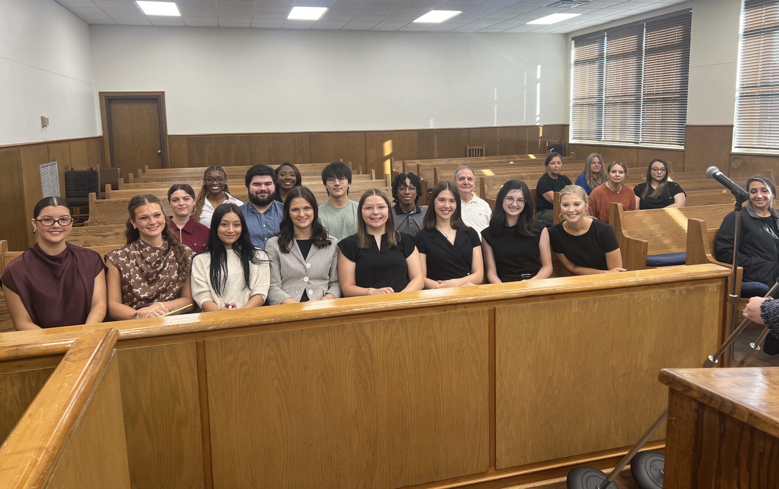 NSU students who observed a second-degree murder trial are, front row from left, Brooke Collins, Harper Collie, Jay Delgado, Madison Chaplin, Hannah Gore, Hailey Wolff, president of Demons of Due Process; Gracie Hale and Kaleigh Carver. Carver, in addition to begin a full-time students, is also an undergraduate law clerk of the 11th Judicial District Court. On the second row are Autumn Dawson, Samuel Mercantel, Cody Williams, Marcus Jenkins and Judge Craig Marcotte. On the back row are Nia Richards and Aniyah Smith.