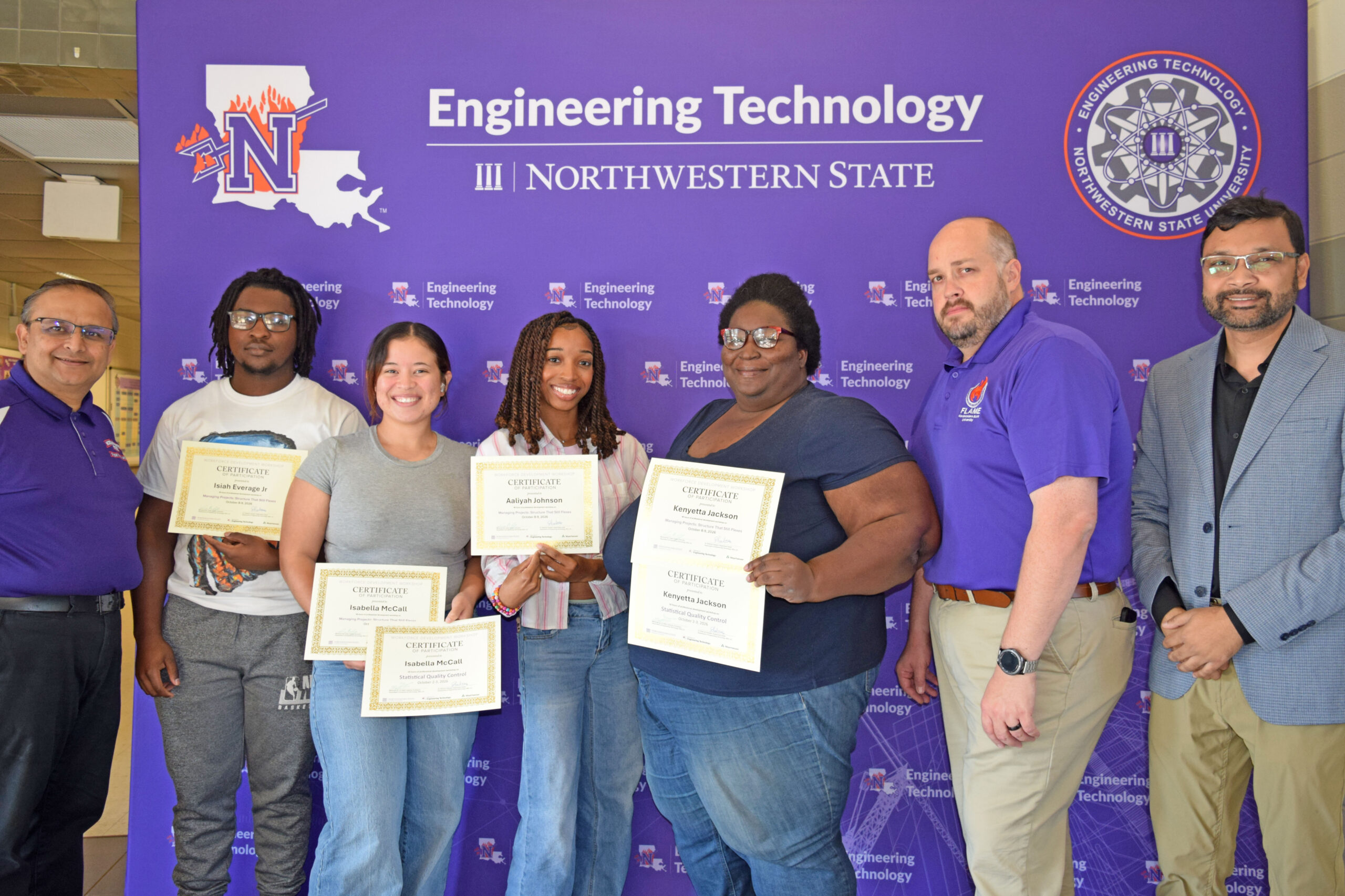 Participants in professional development workshops hosted by NSU’s Department of Engineering Technology were awarded completion certificates. From the left are instructor Dr. Nabin Sapkota, completers Isiah Everage Jr., Isabella McCall, Aaliyah Johnson and Kenyetta Jackson, instructor Craig Caskey and Dr. Shahriar Hossain, head of the Department of Engineering Technology.
