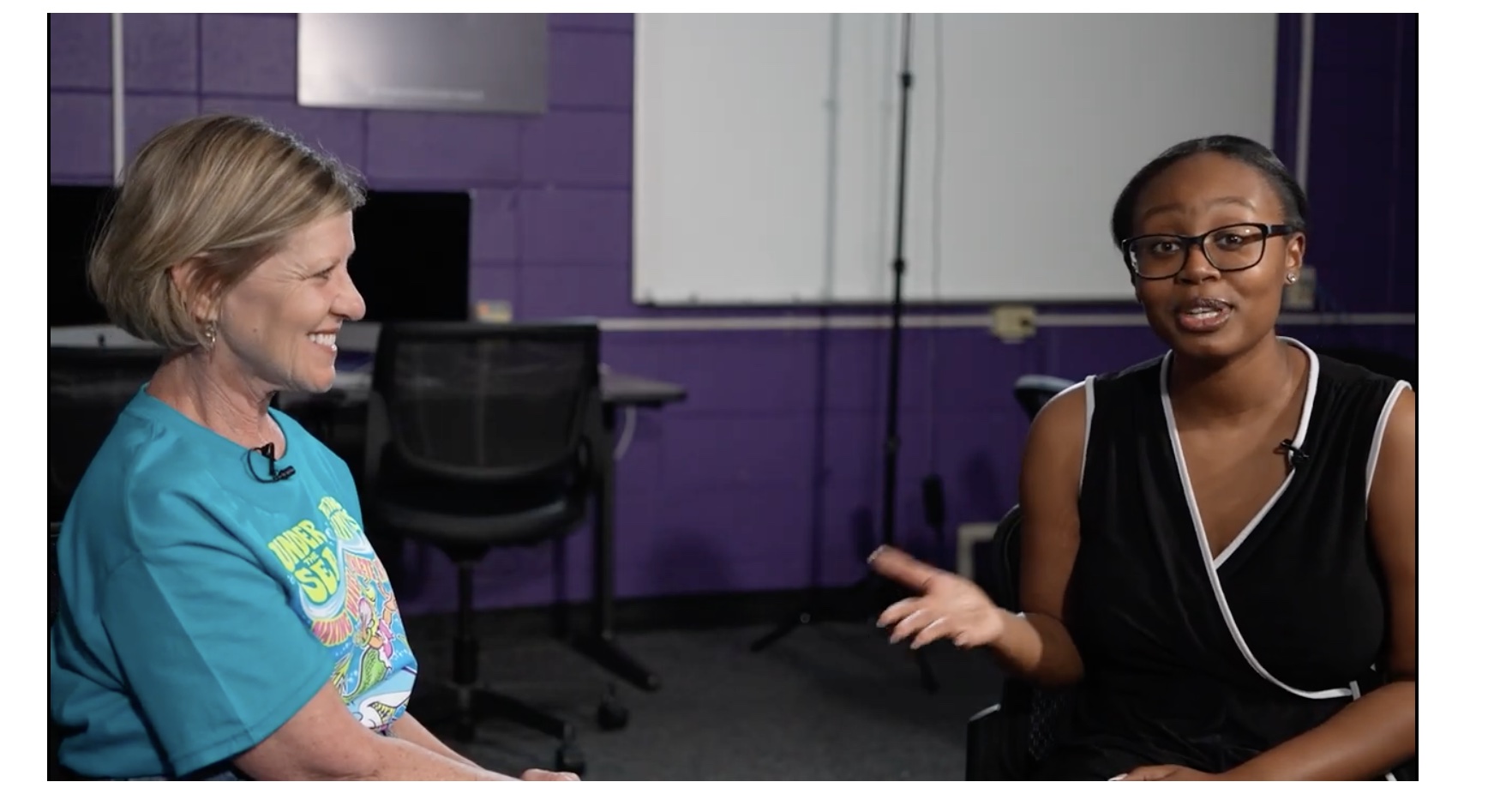 Anastasia Douglas of Shreveport, right, podcast anchor for The Current Sauce, interviewed NSU’s Vice President for the Student Experience and Dean of Students Reatha Cox to highlight Cox’s journey from first-generation college student to administrator and mentor.