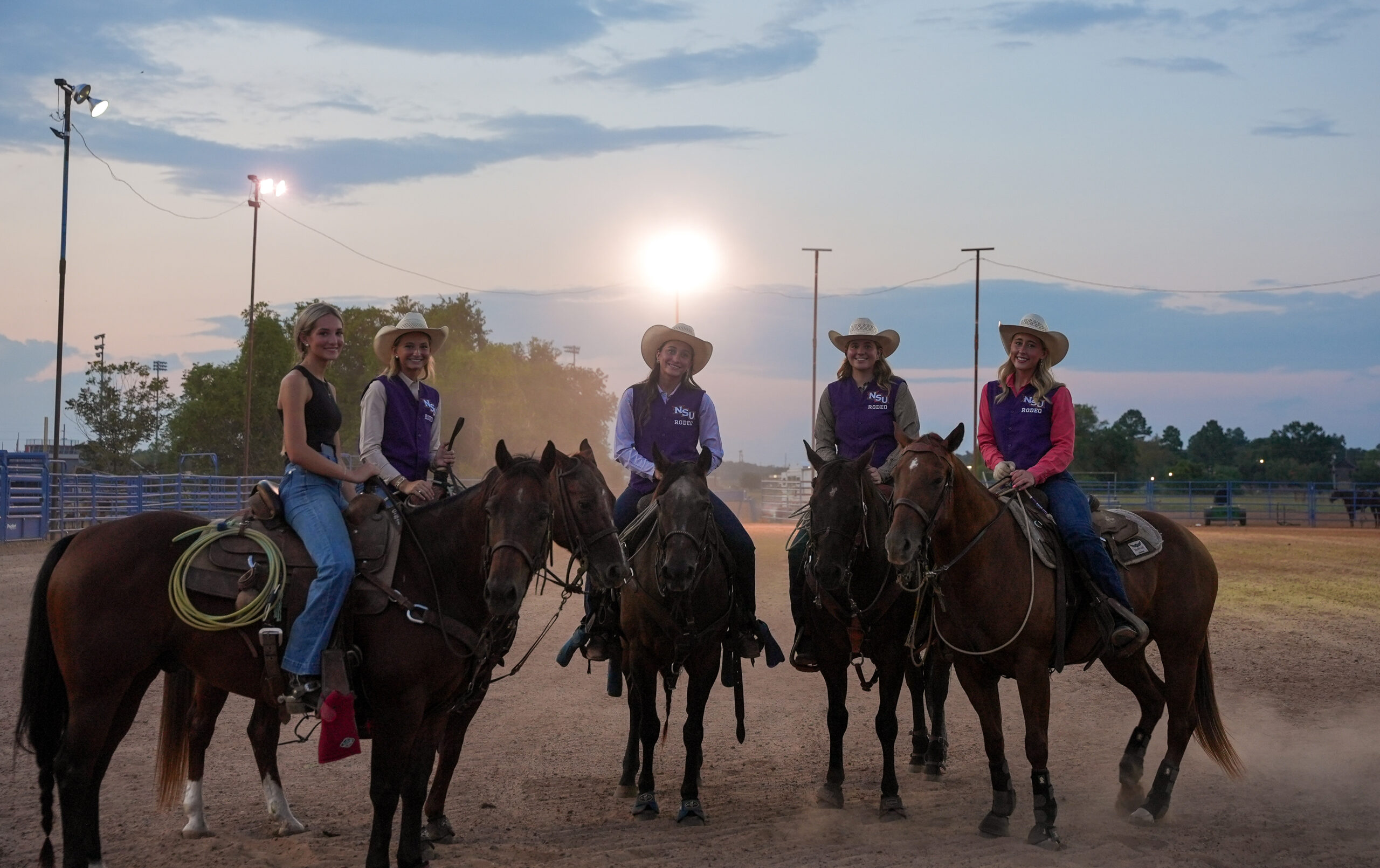 From left, Addison Rains, Reese Broussard, Saige Martin, Sidney Smith and Allison Savant gather during a Northwestern State University Rodeo Team practice as the team prepares for its first collegiate competition Sept. 24-26 at the Panola College Rodeo in Tatum, Texas.