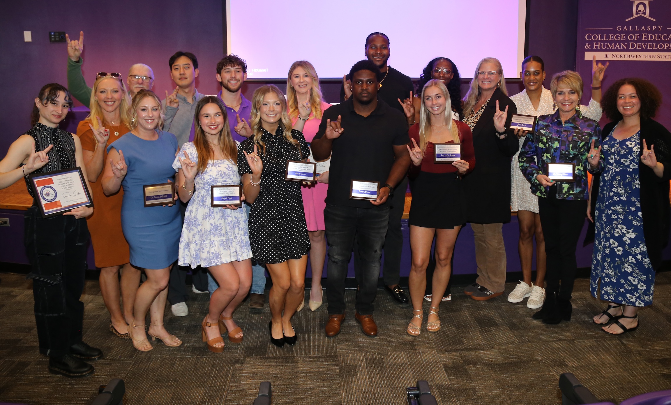 Honorees from the School of Kinesiology were, front row from left, Samantha Jordan, Dr. Haley Blount, Dr. Lauren Mitchell, Abigail Coker, Honor Camus, Donroy Brown, Kassandra Schoen, Tammy Dobson and Dr. Jackie Calhoun. On the back row are Dr. Michael Moulton, Dr. Sunggun Jeon, Joshua Peek, Cailen Wiltcher, Tarajh Hudson, Sileena Farrell, Dr. Tara Tietjen-Smith and Janiel Moore.