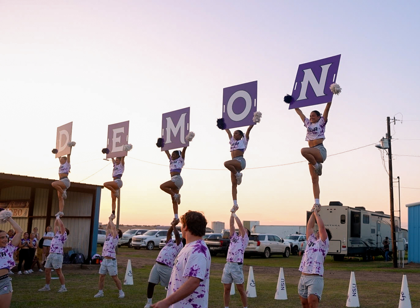Members of Northwestern State University’s Cheerleading team perform during opening ceremonies for the 2026 Natchitoches Parish Fair.