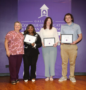 Dr. Jessica Church congratulated Secondary Education graduates Kemariya Thomas of Mansfield, Kaitlyn Williams of Quitman and Logan Cheever of Pitkin. 