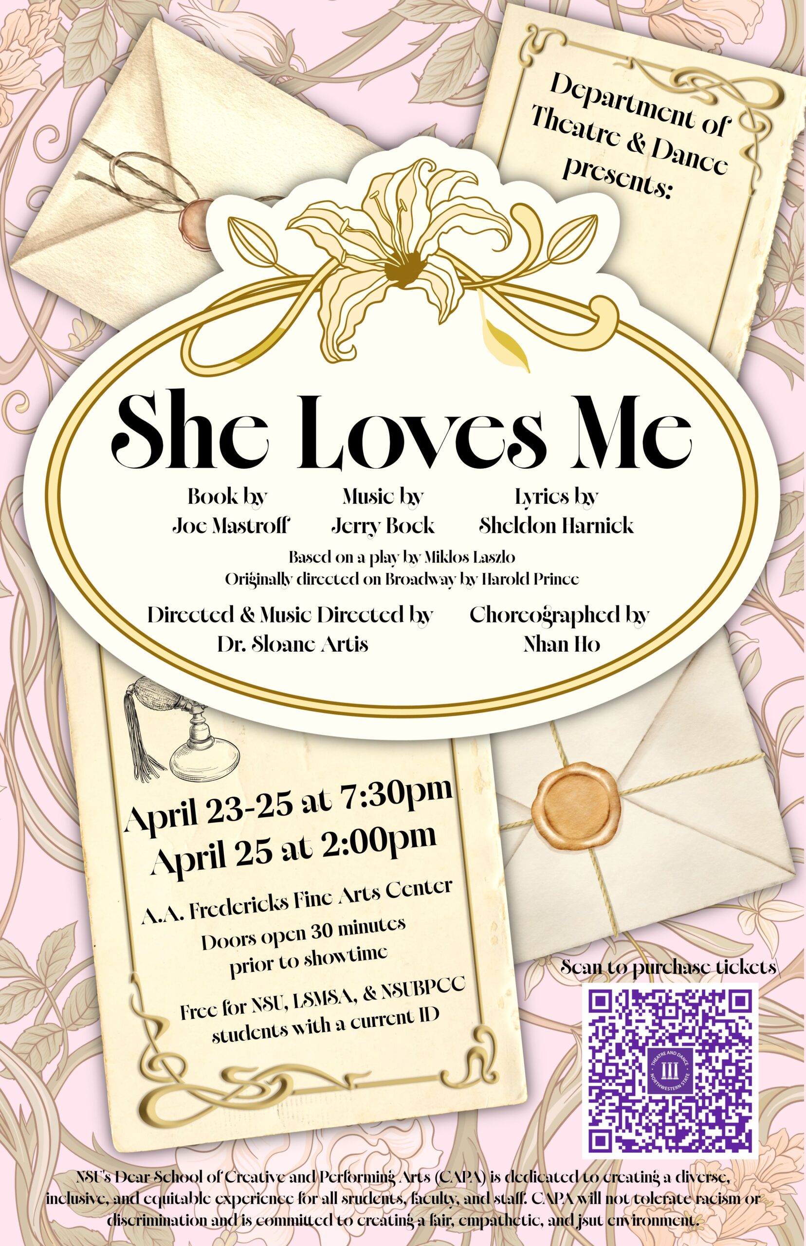 NSU Theatre and Dance. Natchitoches-Northwestern Symphony collaborate on “She Loves Me” April 23-25