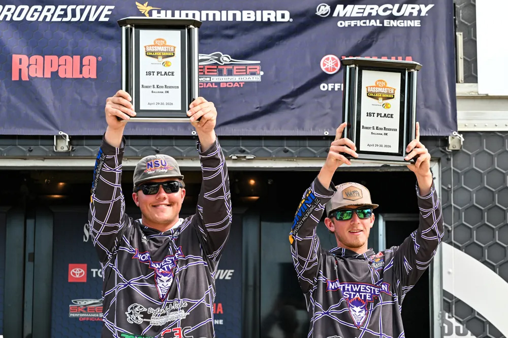 Josiah Shockley and Landon Watts, freshmen on the NSU Bass Fishing Team, are pictured at the Strike King Bassmaster College Series weigh-in April 30.