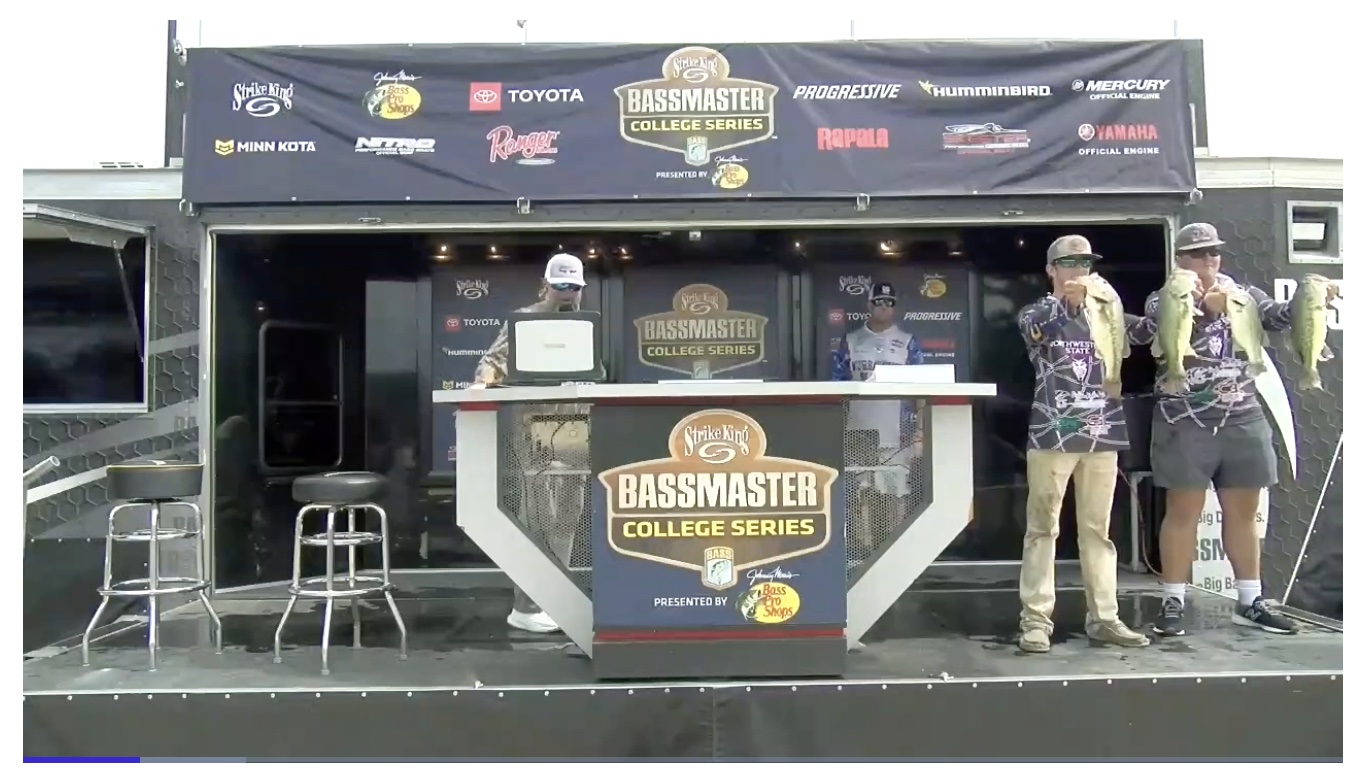 Josiah Shockley and Landon Watts, freshmen on the NSU Bass Fishing Team, are pictured at the Strike King Bassmaster College Series weigh-in April 30.