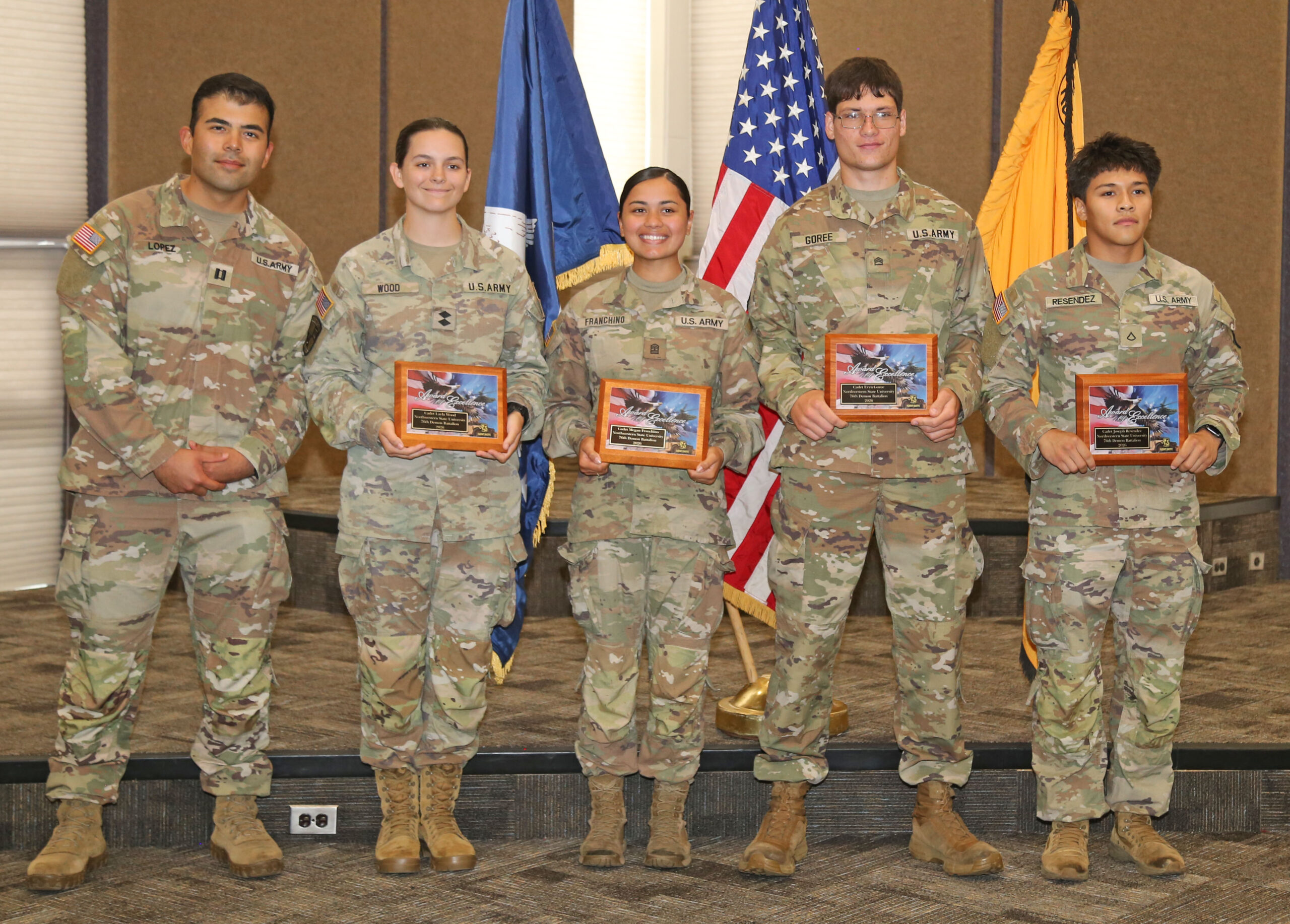 NSU’s ROTC program recognized the top cadets in each class with the Superior Cadet Award in recognition of academic and military leadership and strong officer potential. From left are Capt. Armando Lopez, assistant professor of Military Science presenting the awards to Top MS IV Cadet Layla Wood, Top MS III Cadet Megan Franchino, Top MS II Cadet Evyn Goree and Top MS I Cadet Joseph Resendez.