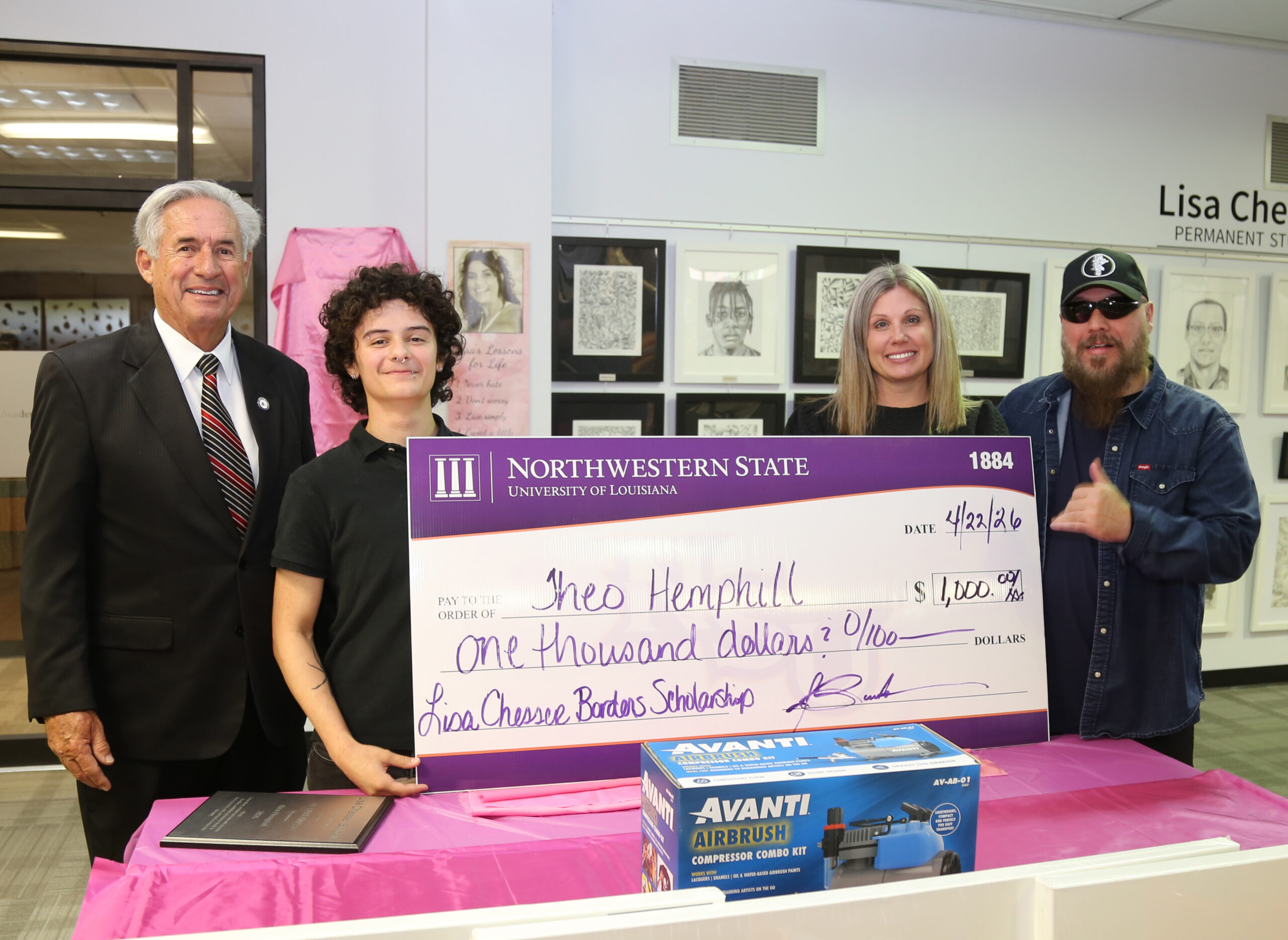 Theo Hemphill is this year’s recipient of the Meraki Award, presented to a student pursuing a degree in Fine and Graphic Arts at Northwestern State University. From left are NSU President James Genovese, Hemphill, Cristy Bernard, associate director of Alumni and Development, and James Borders.