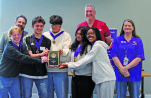 A team from the Louisiana School for Math, Science and the Arts won third place in the Team competition.  From left are Noah Shleifstein, Zeb Marcotte, head of NSU’s Mathematics Department; Emil Galliano, Sean Song, Monika Garlapati, Jim Cole from Sabine State Bank, Emily Mwatibo and Debbie Porter, director of Demon Mathematics Classic.