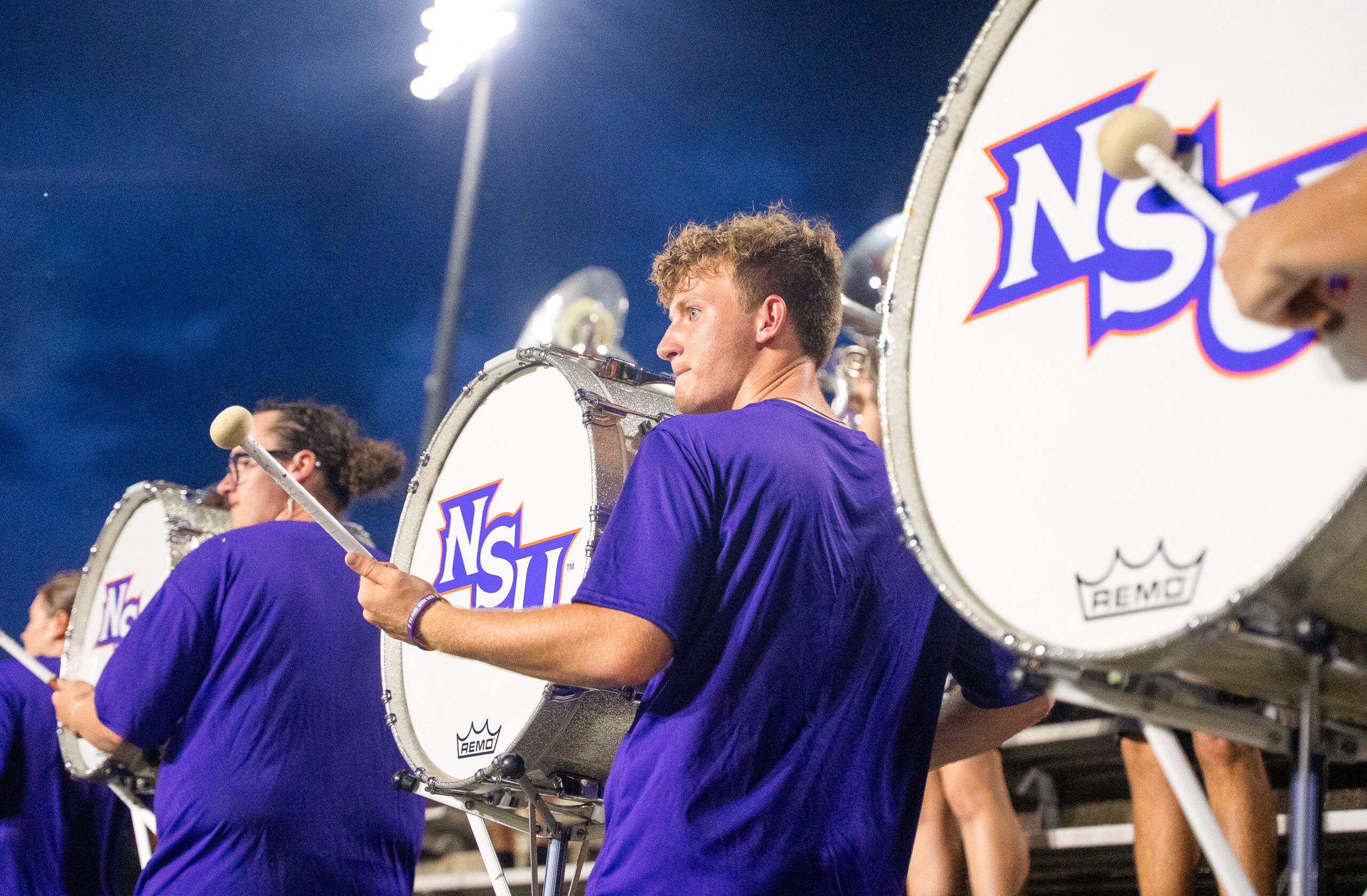 The Spirit of Northwestern Marching Band performs during a Northwestern State University football game at Turpin Stadium. Band members pictured, from left, are Mars Heard and Brandt Meaux.